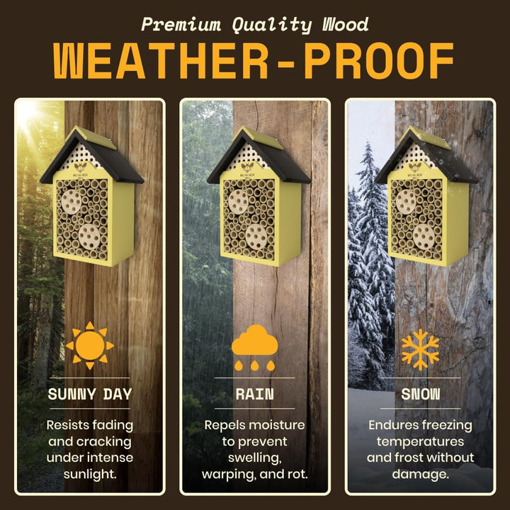 WildYard Big Bee Box - Bienenhaus aus Holz für Draussen, Gelb - Lockt Mauerbienen am Balkon - Kompak