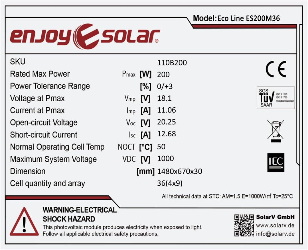 enjoy solar® Monokristallines Solarmodul 200W 12V, Solarpanel mit PERC 9BB schwarzes Rahmen Version