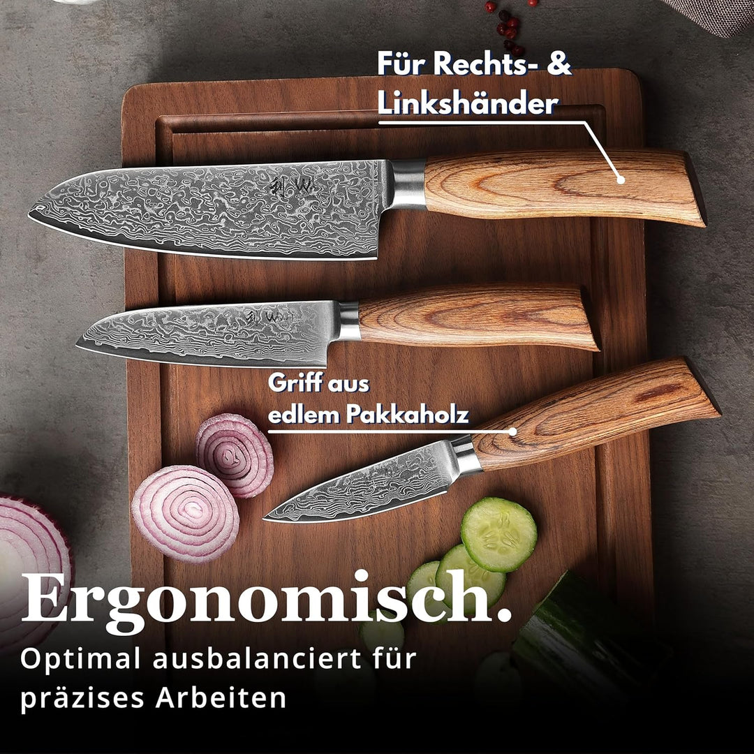 Wakoli EDIB Pro Premium 3er Damastmesser-Set mit 8-16 cm Klingen gefertigt aus 67 Lagen echtem Damas