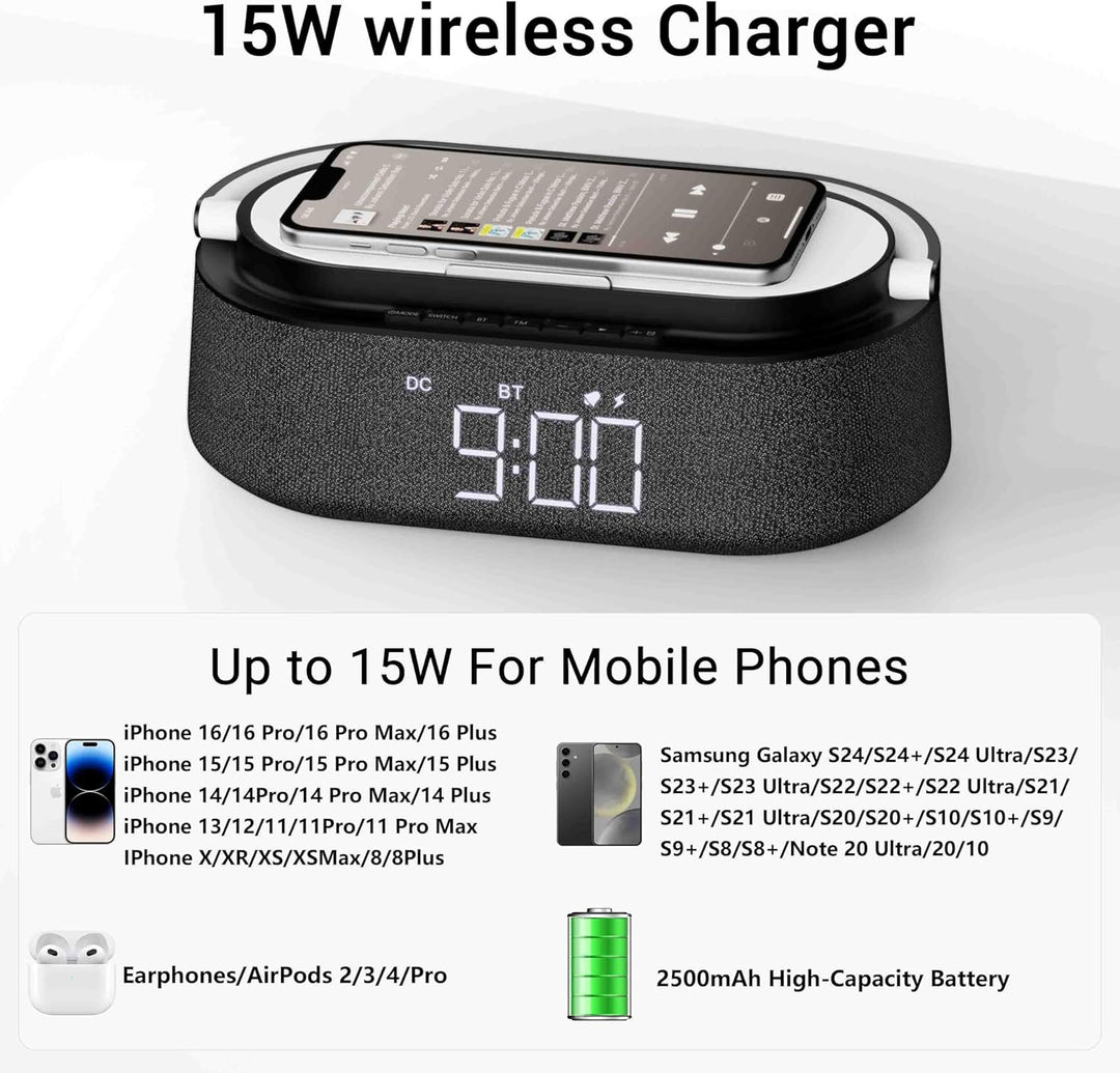 COLSUR Radiowecker Digital mit Wireless Charger, Bluetooth Lautsprecher mit USB-Ladegerät, Smart Wec