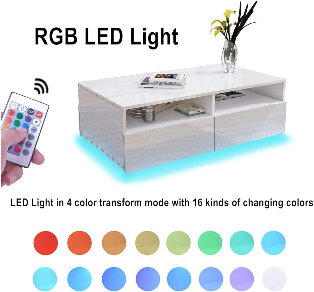 Senvoziii LED Couchtisch für Wohnzimmer, Beistelltisch Moderner Holztisch, Weisser Glanz Kaffeetisch