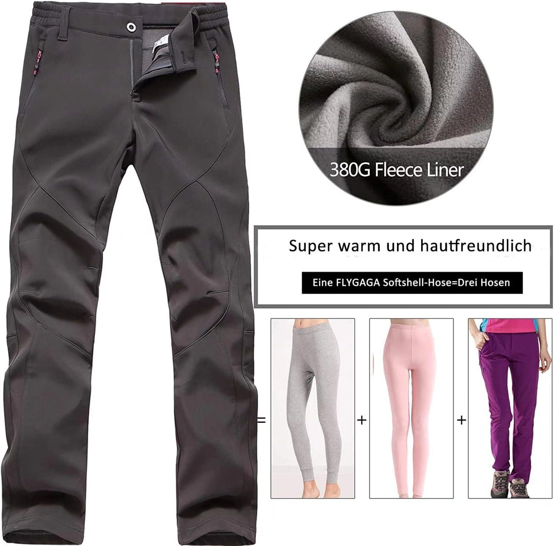FLYGAGA Damen Outdoorhose Softshellhose Wanderhose Gefüttert Fleece Warm Wasserdicht Winddicht Therm