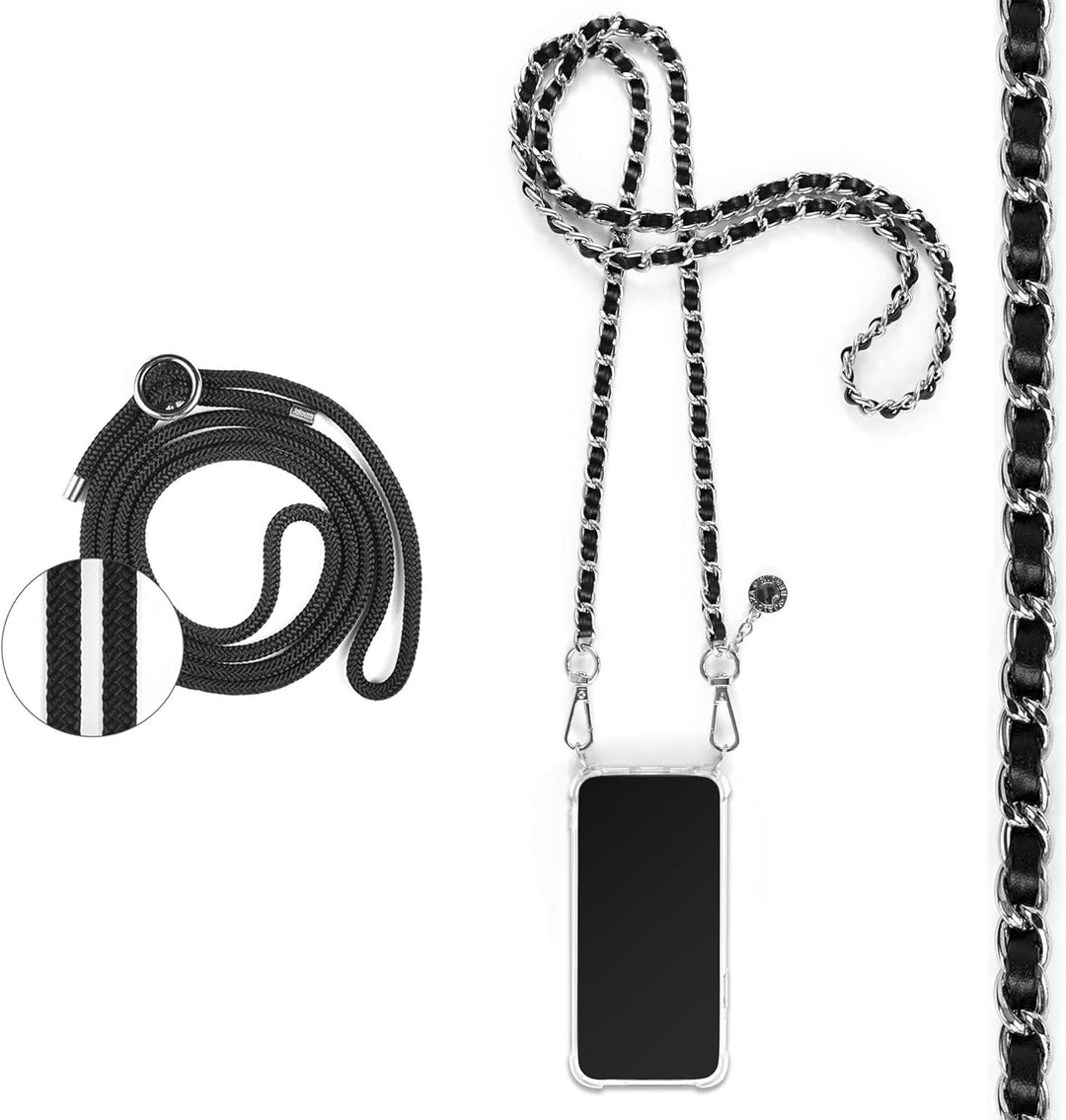 Jalouza Handykette, Kordel & Hülle Bundle kompatibel mit iPhone 12 & 12 Pro - Metallkette in Schwarz