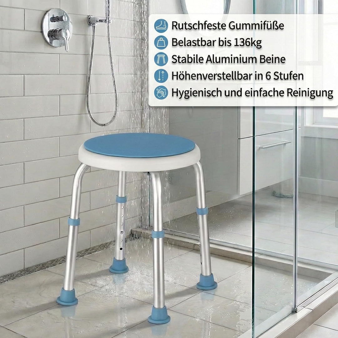 360° Duschhocker, drehbarer und höhenverstellbarer Duschstuhl belastbar bis 136kg, Rutschfester Badh