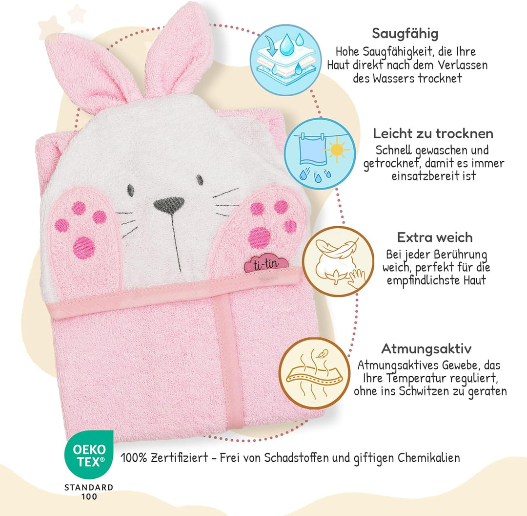 Ti TIN Kinder‑Bademantel mit Kapuze und Hasenohren – 100% Baumwolle, weich & saugfähi, Grösse 6–12 M
