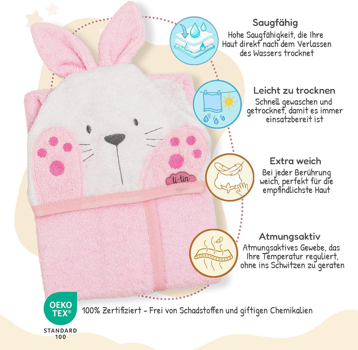 Ti TIN Kinder‑Bademantel mit Kapuze und Hasenohren – 100% Baumwolle, weich & saugfähi, Grösse 6–12 M