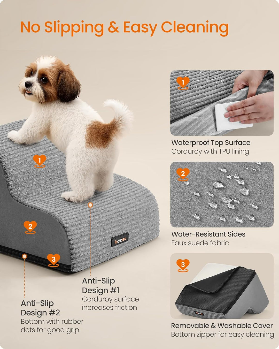 Feandrea Hundetreppe, 2 Stufen, Haustiertreppe, für kleine Hunde, Bett, Sofa, wasserdichte Katzentre