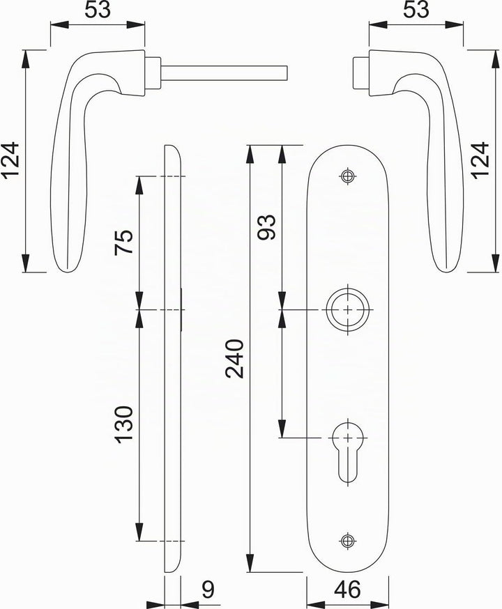 HOPPE 2949501 Drückergarnitur Verona-auf Langschild Buntbart Entfernung 90mm, für Türstärke 37-47mm,