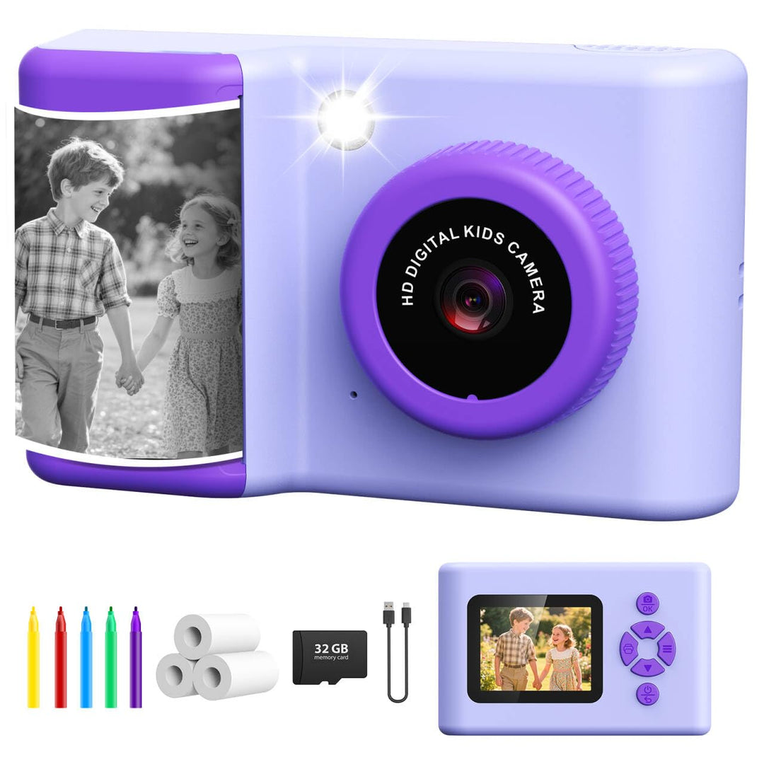 Sofortbildkamera Kinder, 2,4 Zoll Kinderkamera Sofortbildkamera mit LED-Blitz 32GB-Karte Druckpapier
