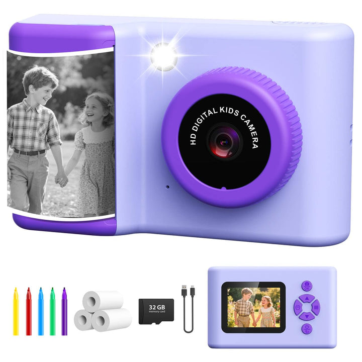Sofortbildkamera Kinder, 2,4 Zoll Kinderkamera Sofortbildkamera mit LED-Blitz 32GB-Karte Druckpapier