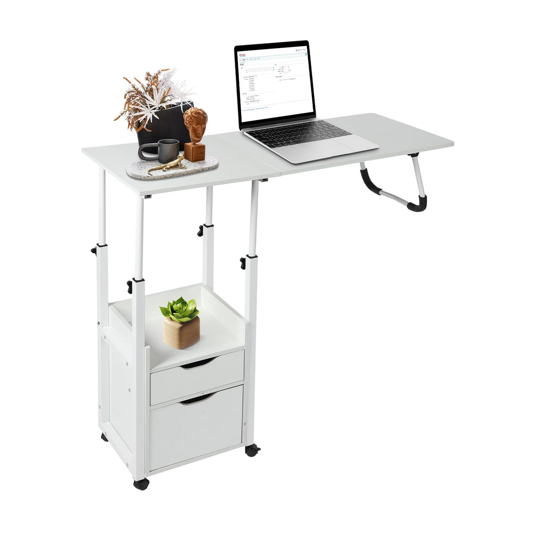 Betttisch mit Rollen und Bremse, Laptoptisch und klappbar, 2 Schubladen und Ablage, Beistelltisch fü