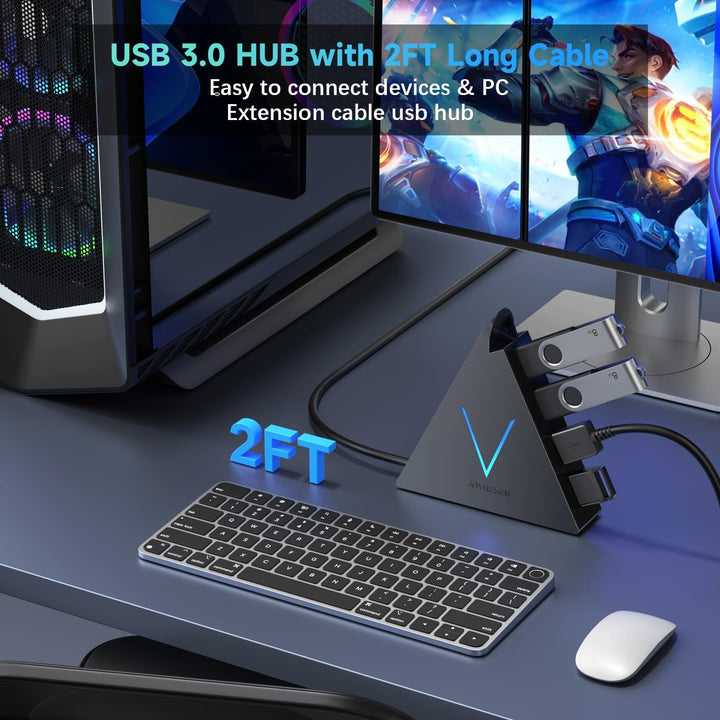 4-Port USB 3.0 Hub, FlyingVHUB USB Hub Tower mit 60 cm verlängertem Kabel, RGB-Beleuchtung (mit Scha