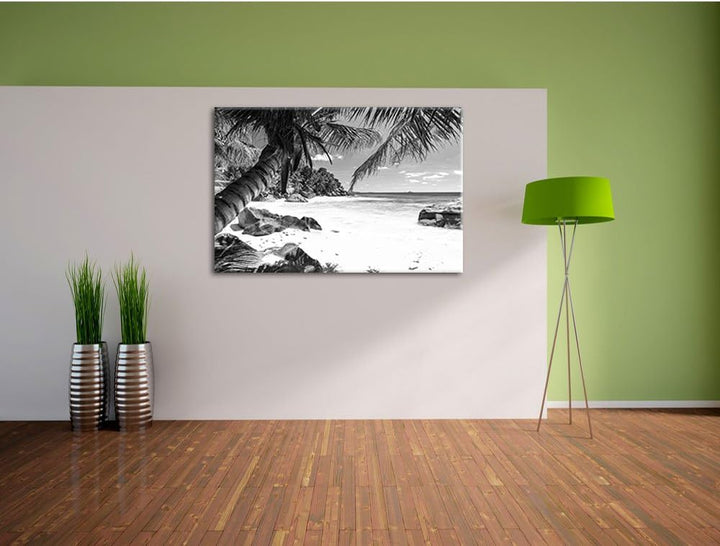 Pixxprint Palmenstrand Seychellen Kunst B&W als Leinwandbild/Grösse: 100x70 / Wandbild/Kunstdruck/fe
