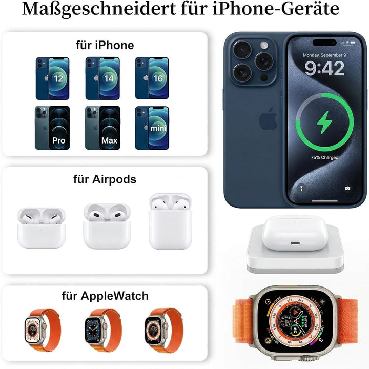 Für Apple 3-in-1 Drahtlose Ladestation, Tragbares Induktionsladegerät für iPhone 16/15/14/13/12 Seri