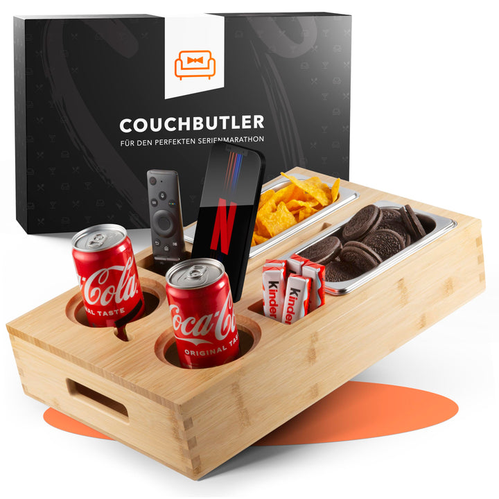 NewHabitat Couchbar Snackbox aus Bambus Personalisierbar inkl. Geschenkbox | Sofa Tablett mit 2 Snac