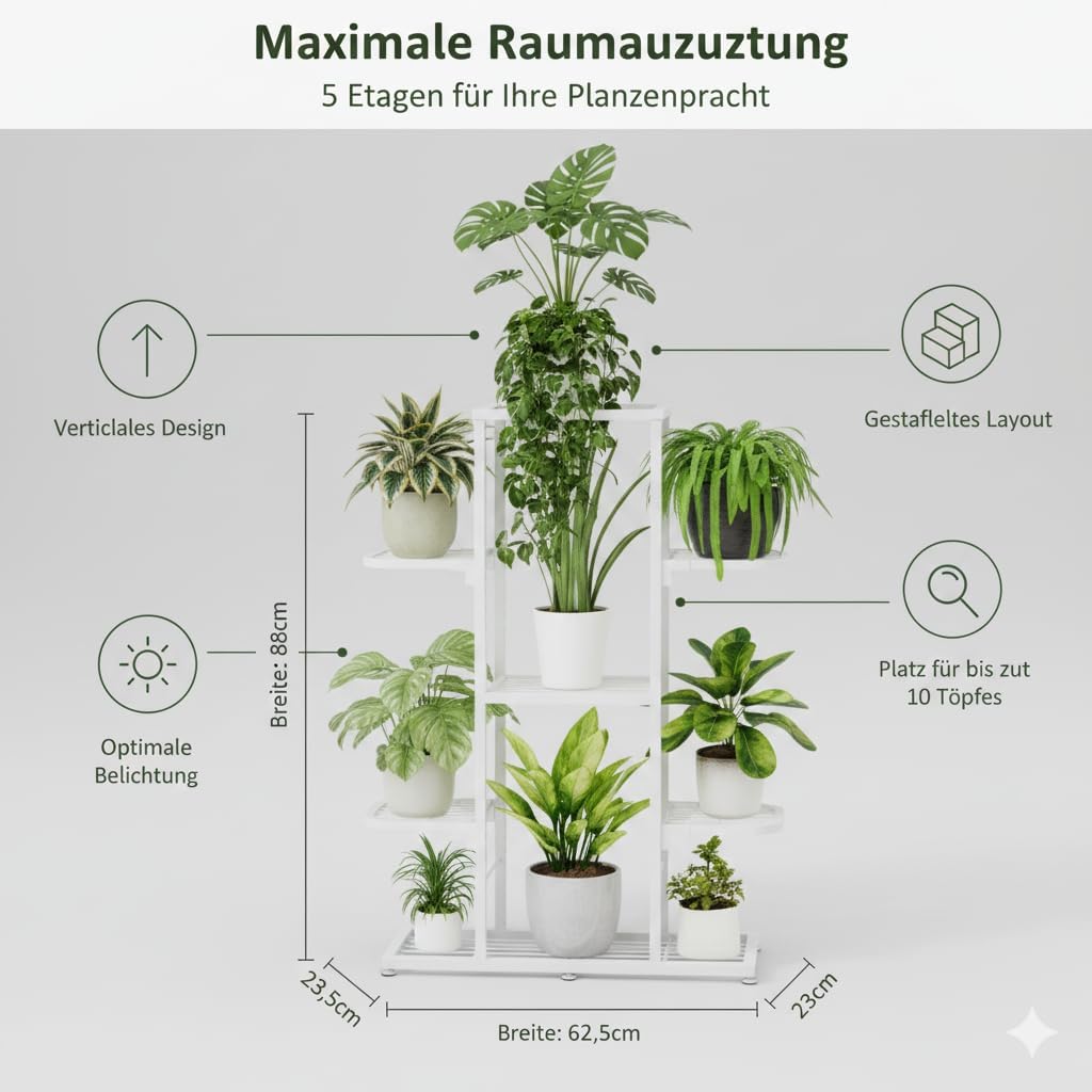 Garvee Pflanzenregal Metall Weiss, 5 Ebenen Blumentreppe Innen & Aussen, Mehrstöckiger Blumenständer