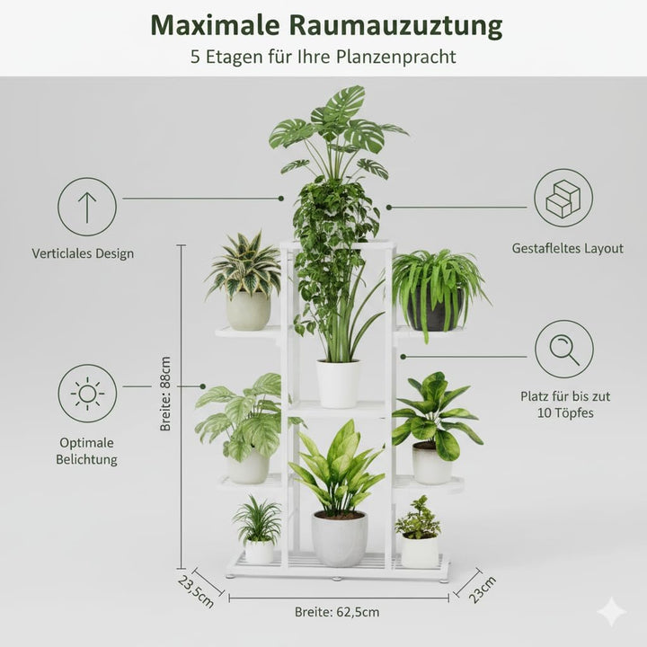 Garvee Pflanzenregal Metall Weiss, 5 Ebenen Blumentreppe Innen & Aussen, Mehrstöckiger Blumenständer