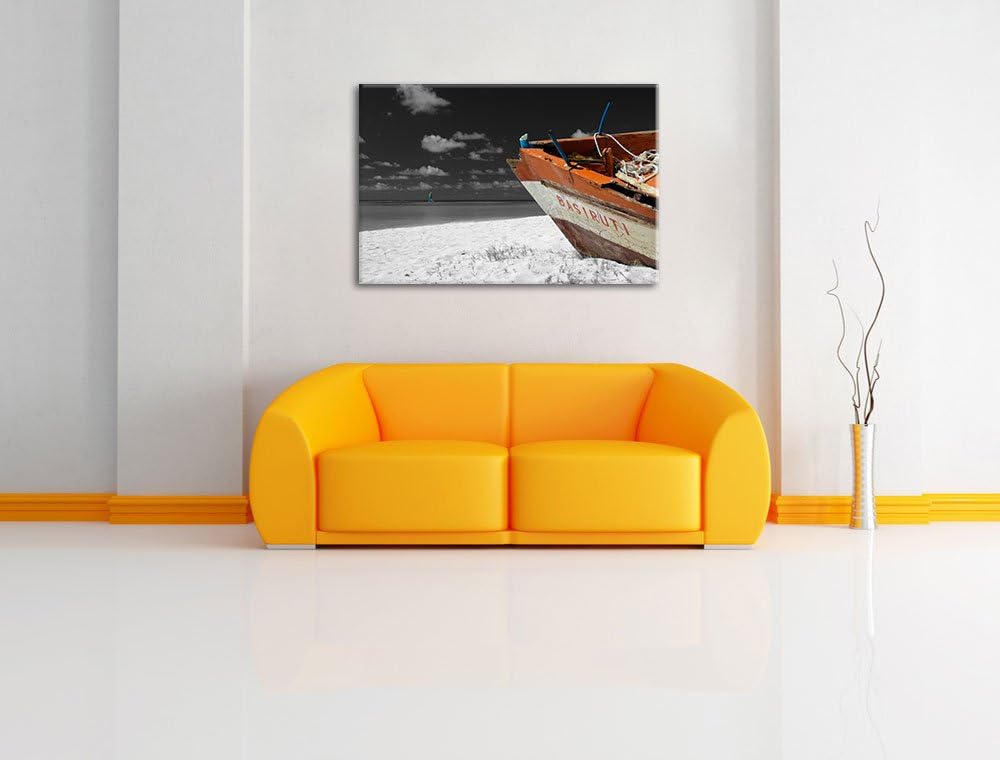 beeindruckendes Boot am Strand schwarz/weiss auf Leinwand, XXL riesige Bilder fertig gerahmt mit Kei