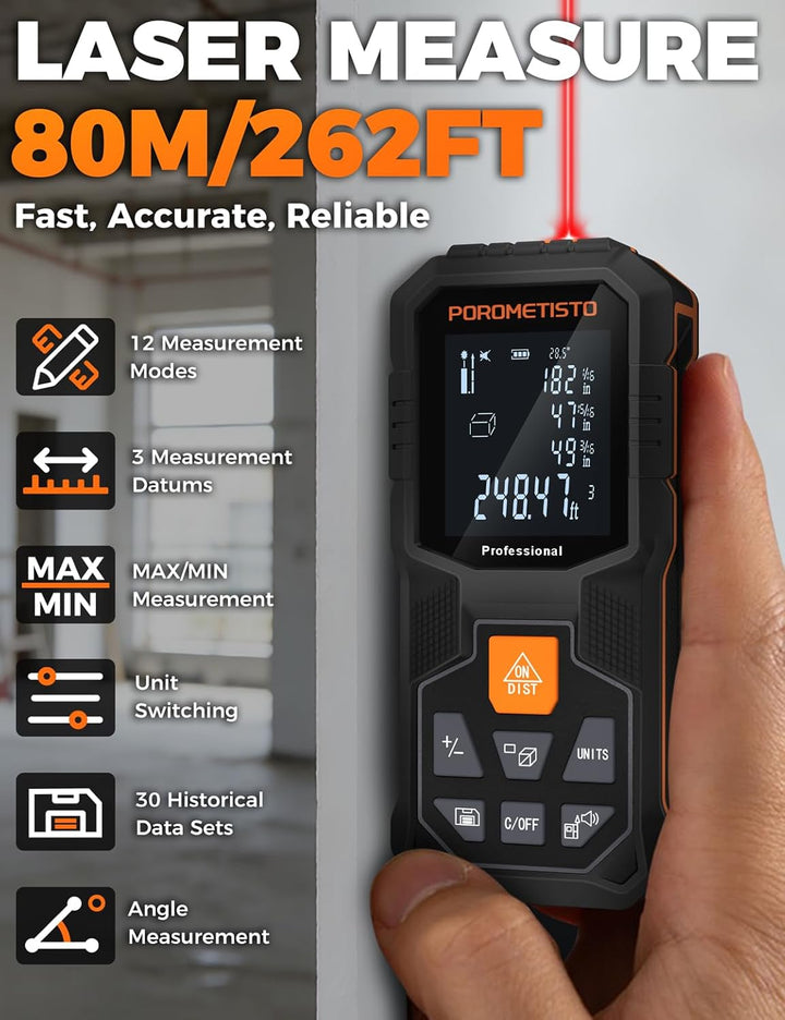 LM01-50 Laser Entfernungsmesser – 50 m Messbereich, 12 Modi: Fläche/Volumen/Pythagoras, Neigungssens