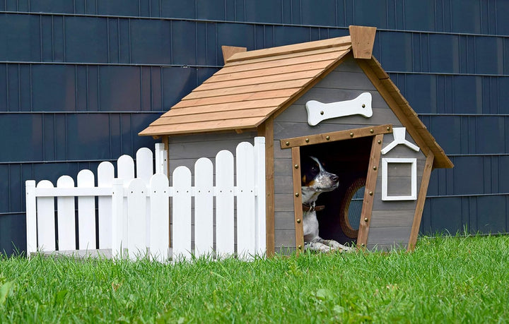 dobar 55016FSCe Outdoor-Hundehütte mit Spitzdach und seitlicher Veranda Comic-Design, FSC-Holz, 146,