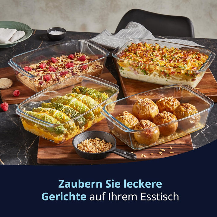 KHG Auflaufformen aus Glas mit Deckel 2er Set 3 Liter Rechteckig für kalte & warme Speisen, spülmasc