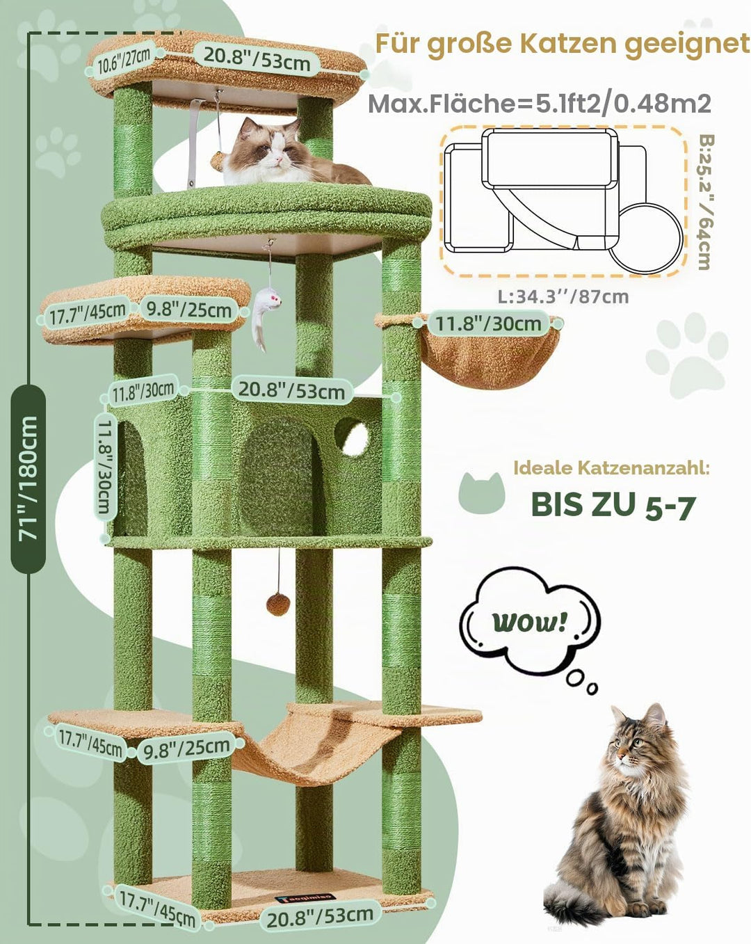 Taoqimiao 180CM Kratzbaum Gross XXL, Katzenbaum Grosse Katzen Stabil kratzbaum Maine Coon mit Katzen