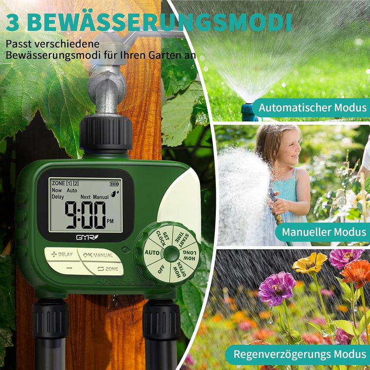 Bewässerungscomputer 2 Ausgänge, Bewässerungsuhr mit Regenverzögerung/manueller/automatischer Funkti