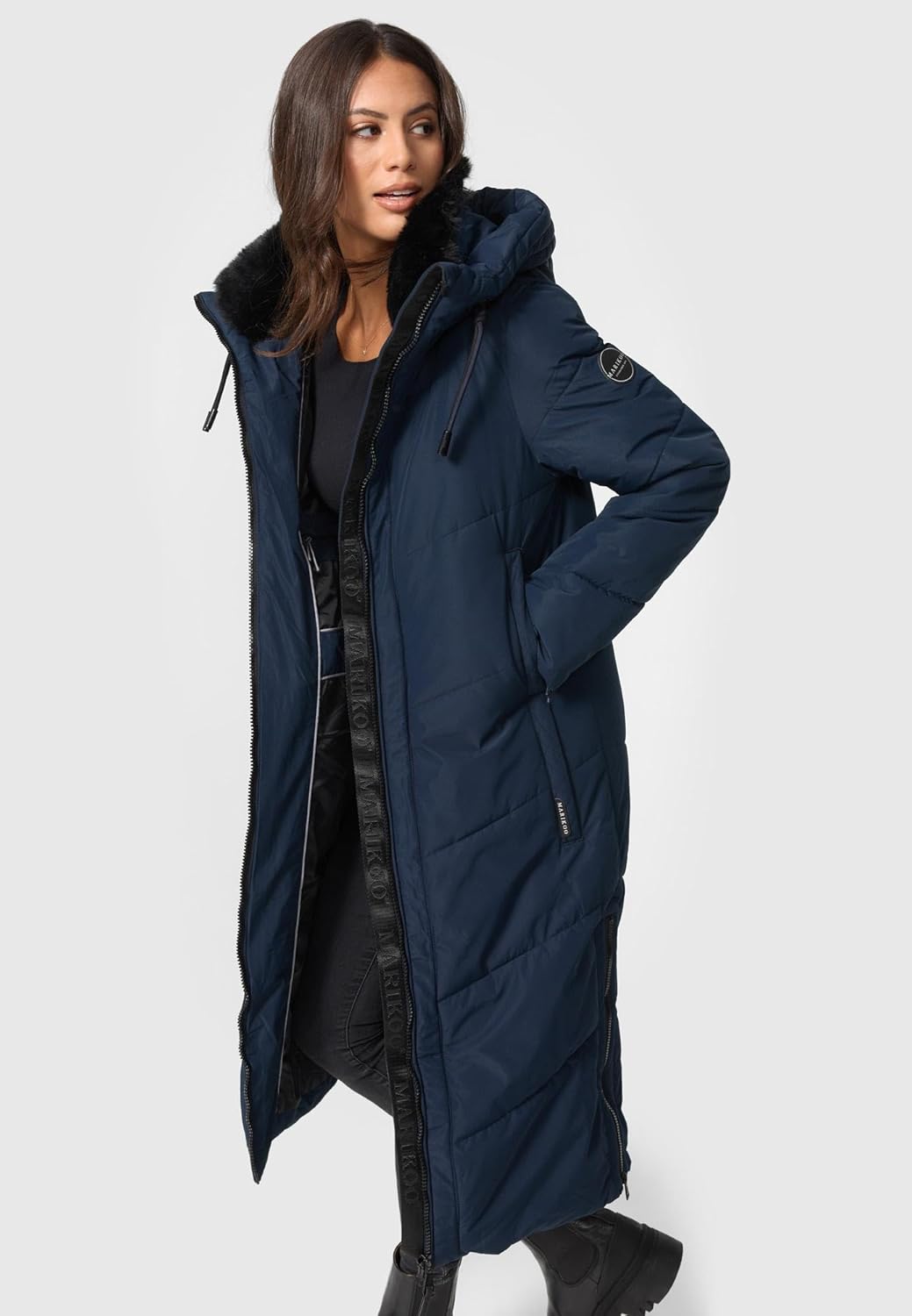 MARIKOO Damen Wintermantel warmer Steppmantel lang mit Kapuze und abnehmbarem Kunstfellkragen Nadare