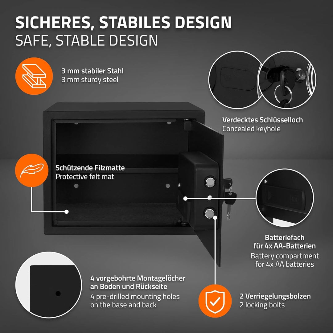 ECD Germany Safe Tresor Feuerfest 27L 38x30x29,5cm, Stahl, Wandtresor mit Sensorlicht & Digitale Tas