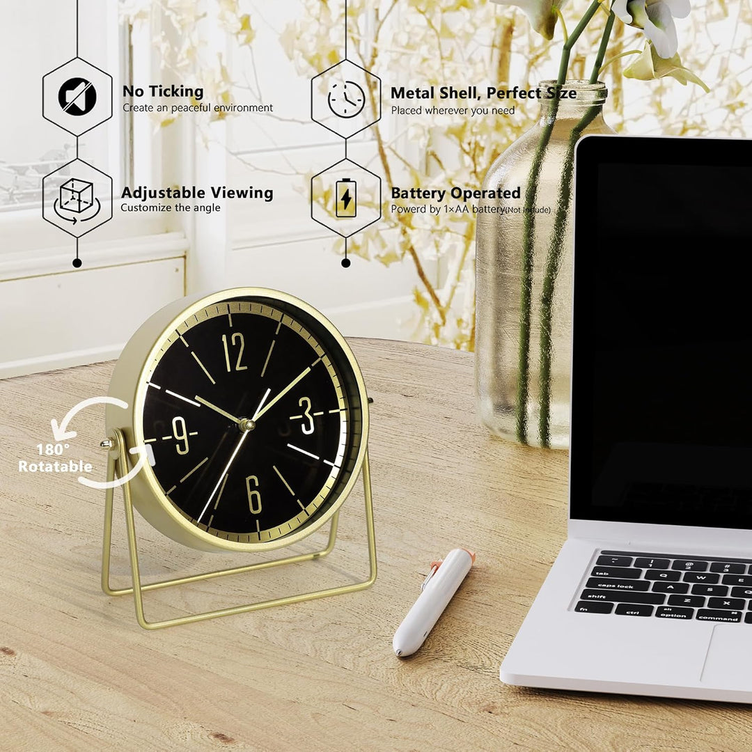 Vintage Metall-Tischuhr – Leise Kaminuhr ohne Ticken mit verstellbarem Winkel, Analoge Standuhr im R
