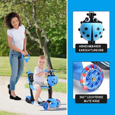 YOLEO 5-in-1 Kinder Roller Scooter mit Abnehmbarer Karikaturkorb Sitz Schubstange LED grosse Räder B