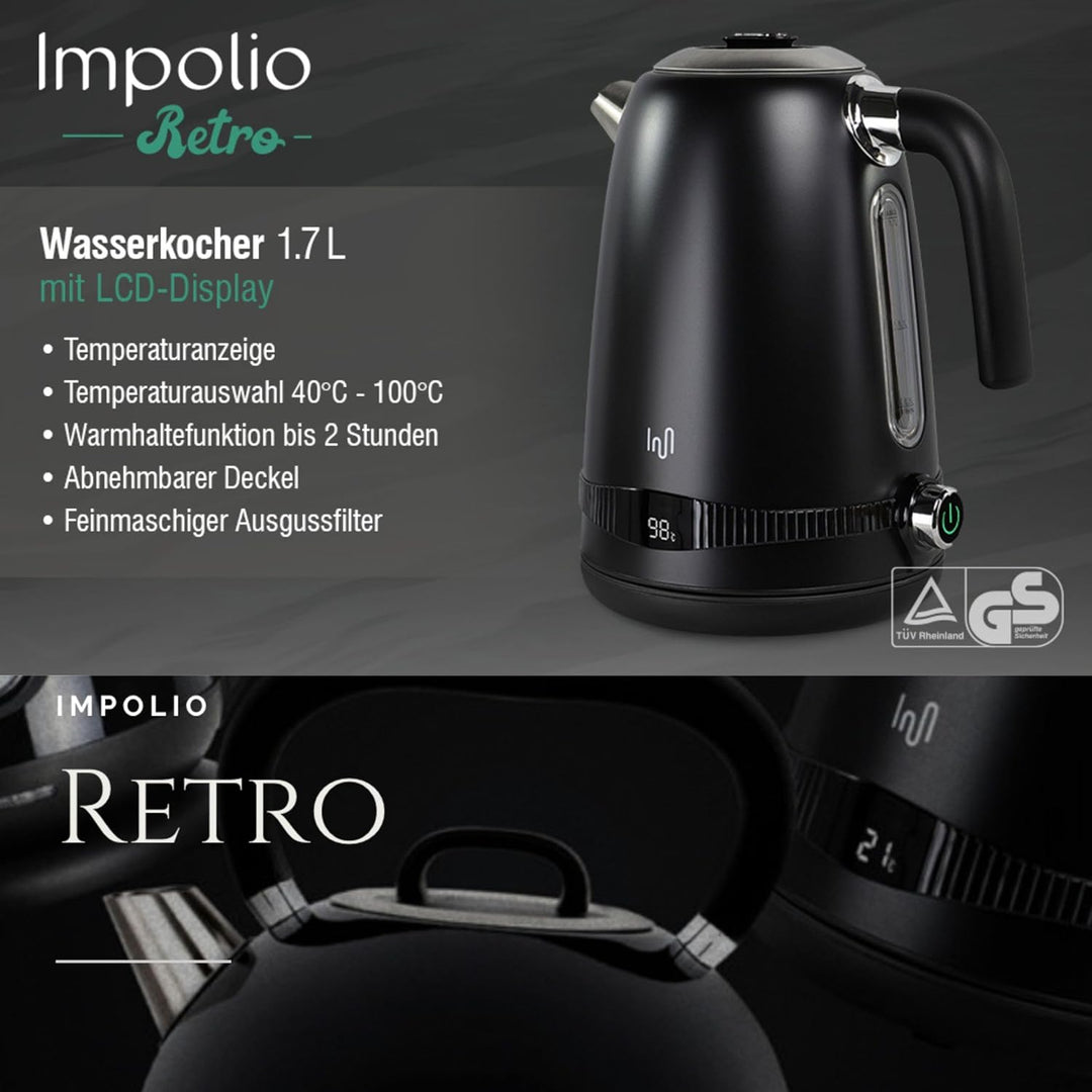 Impolio Retro Wasserkocher 1,7 L, LCD Display und Temperaturauswahl, TÜV Rheinland GS Zertifiziert,