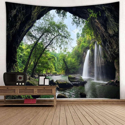 Wandbehang Grün, Wandteppich Natur Wasserfall Wandtuch Dschungel Tapestry Mountains Wandteppich Fels