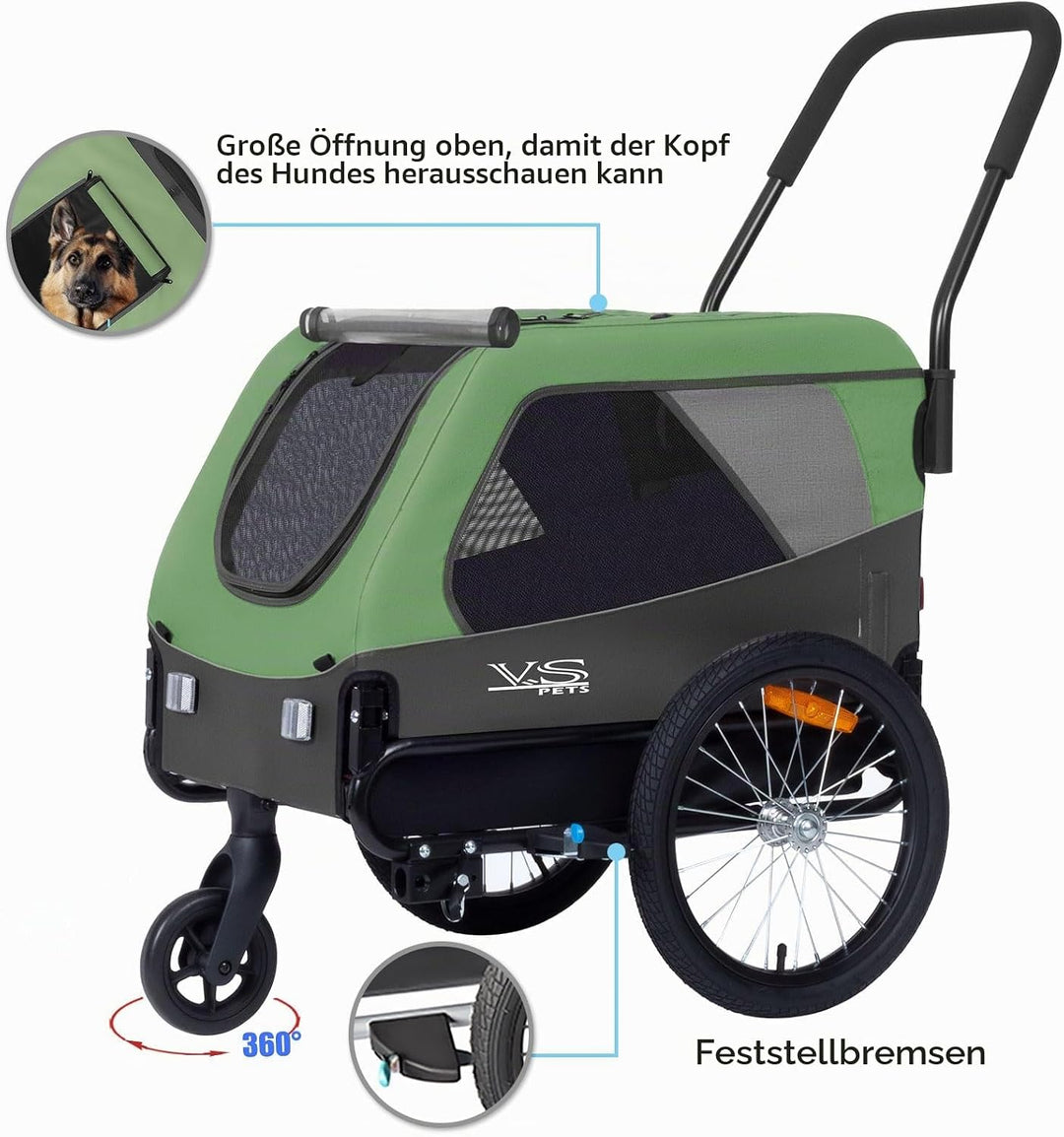 Tiggo VS Medium Hundeanhänger &amp; Buggy 2in1 Fahrradanhänger Hundebuggy Jogger für Hunden bis 23kg Grü