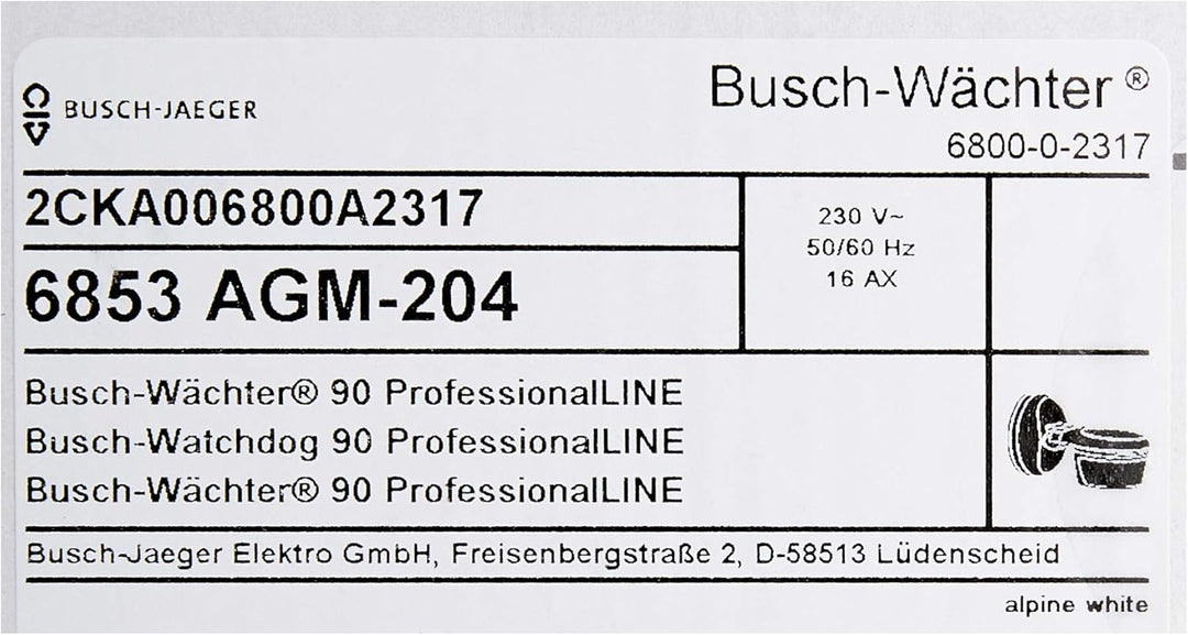 Busch-Jaeger 1471638 6853AGM-204 Busch-Wächter 90 ProfessionalLINE weiss 6853 AGM-204 Single, Single