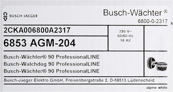 Busch-Jaeger 1471638 6853AGM-204 Busch-Wächter 90 ProfessionalLINE weiss 6853 AGM-204 Single, Single
