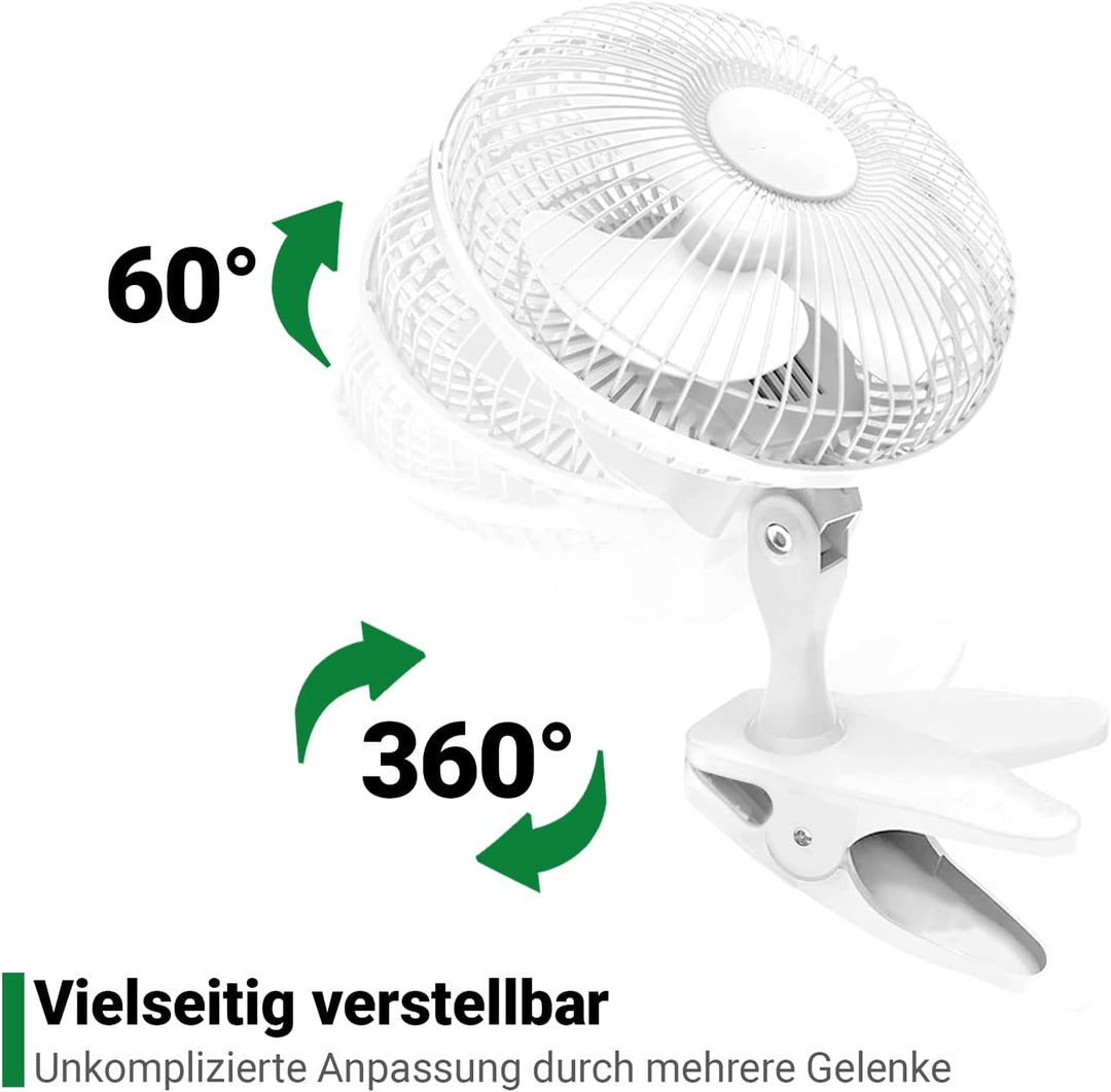 GrowPRO Mini-Ventilator mit Clip, leise, 2-Stufen regelbar, 15Watt, idealer Tischventilator im Büro,