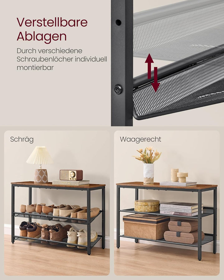 VASAGLE Schuhregal, Schuhablage, 3 Ebenen, grosse Oberfläche, verstellbare Gitterablagen, platzspare