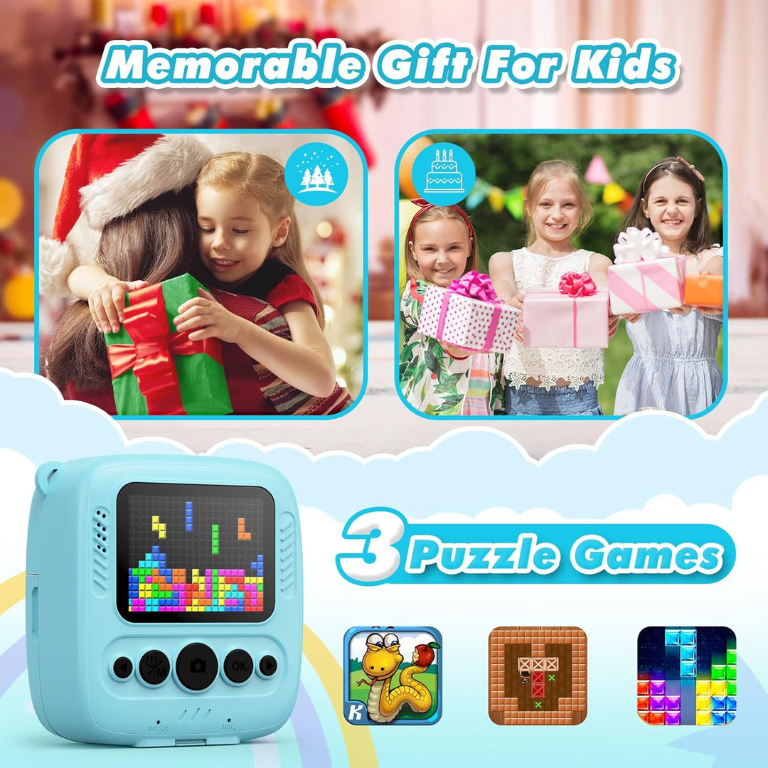 CalineGam Kinderkamera Sofortbildkamera, 48MP Sofortbildkamera Kinder mit 32GB Karte & Druckpapier,