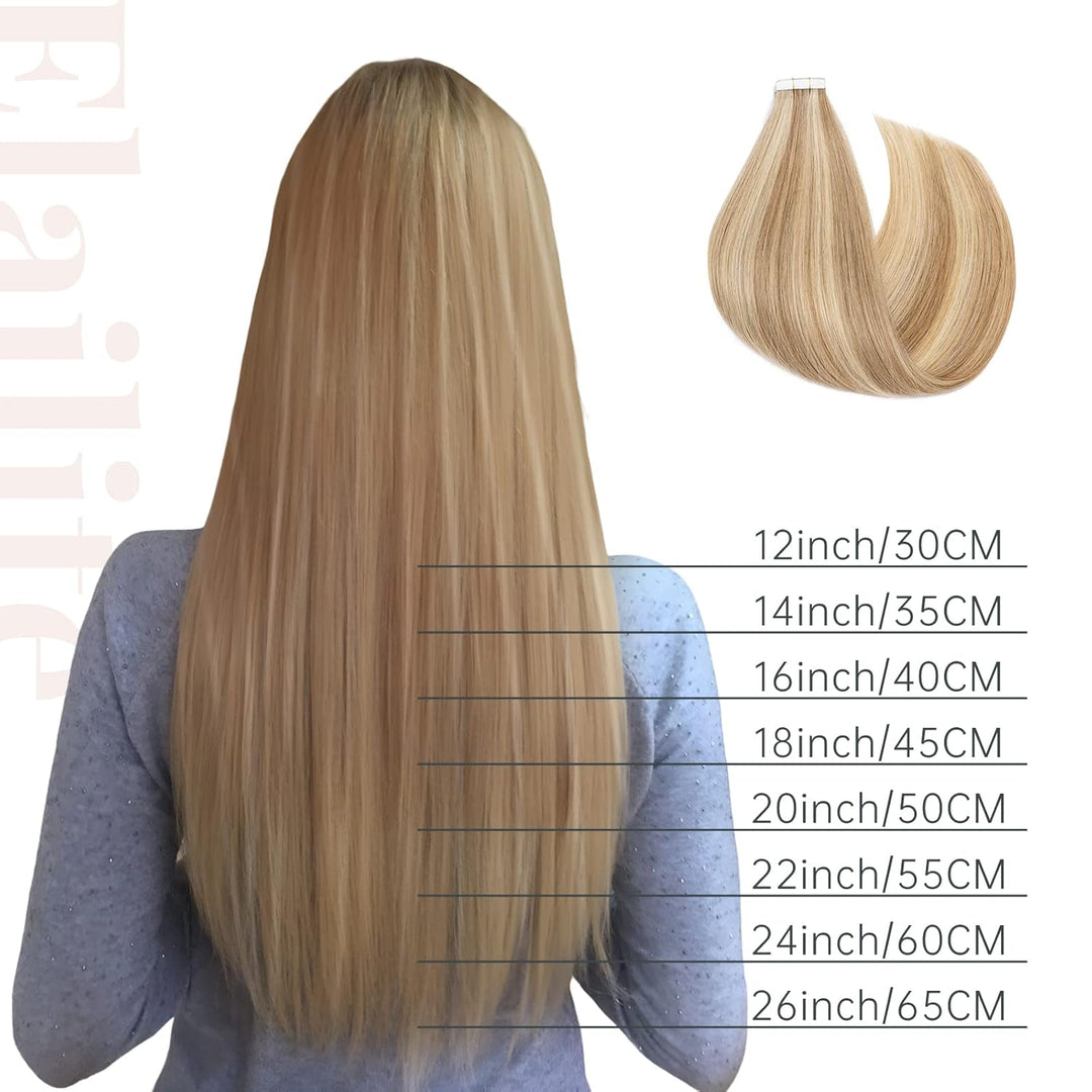 Elailite Echthaar Extensions Tape in 20 Stück #12P613 Goldbraun mix Bleichblond, Real Human Hair 20g