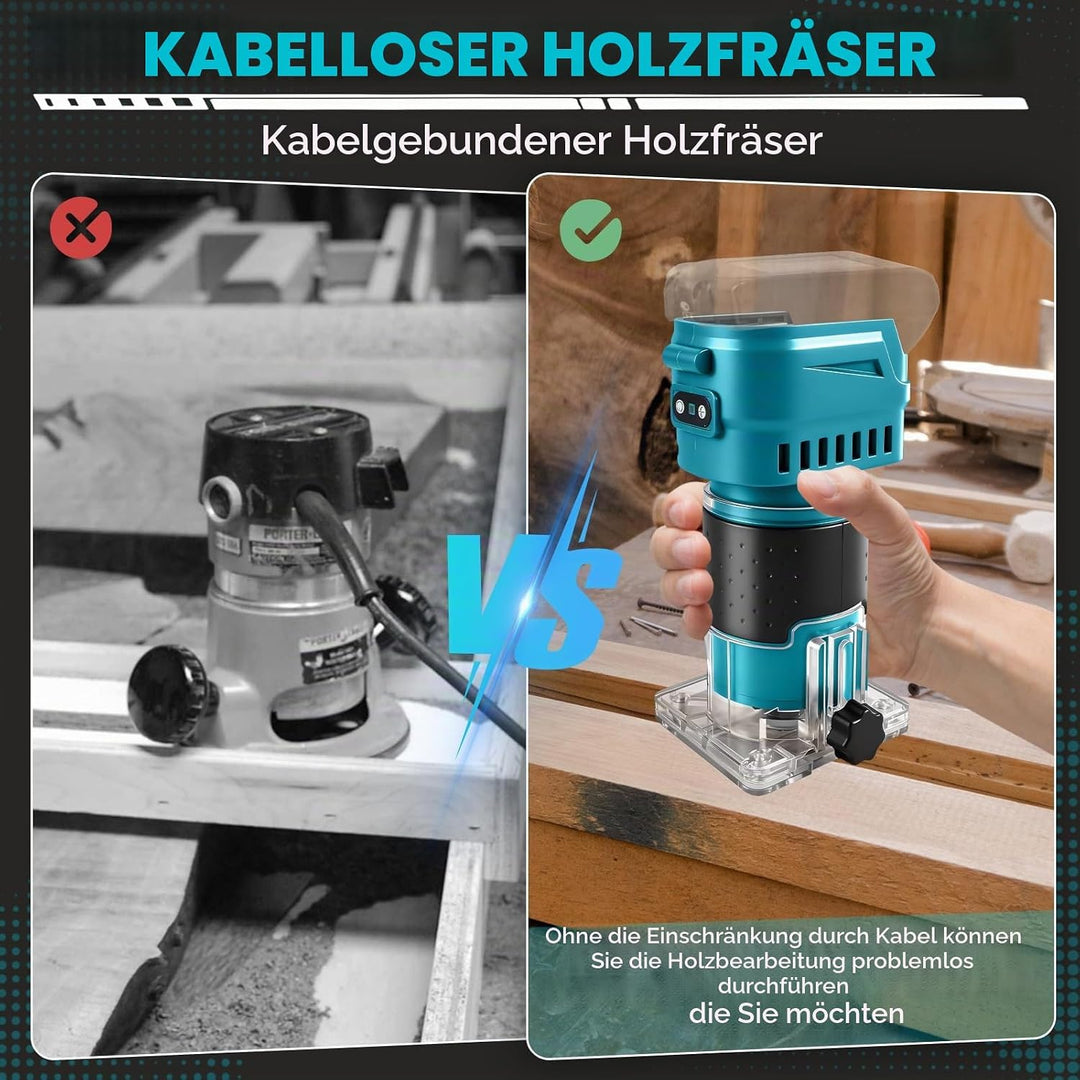 Kabelloser Oberfräse kompatibel mit Makita 18 V Akku, 850W, 30.000 U/min, bürstenloser Holzschneider