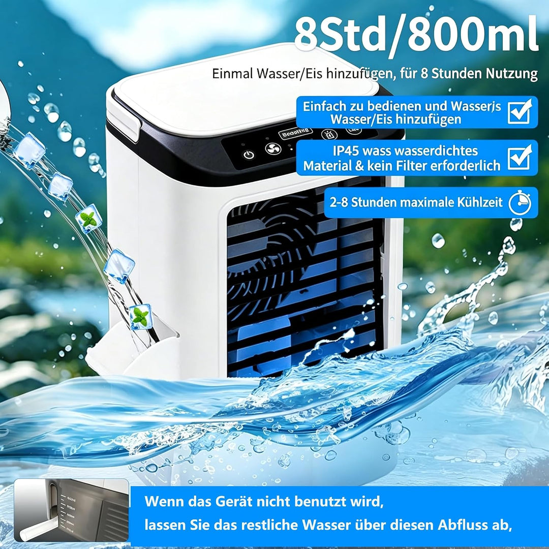 Mini klimaanlage, Mobile Klimaanlage mit 9 Geschwindigkeiten &amp; 8H Timer, 7 Farben Nachtlicht, 3-Loch