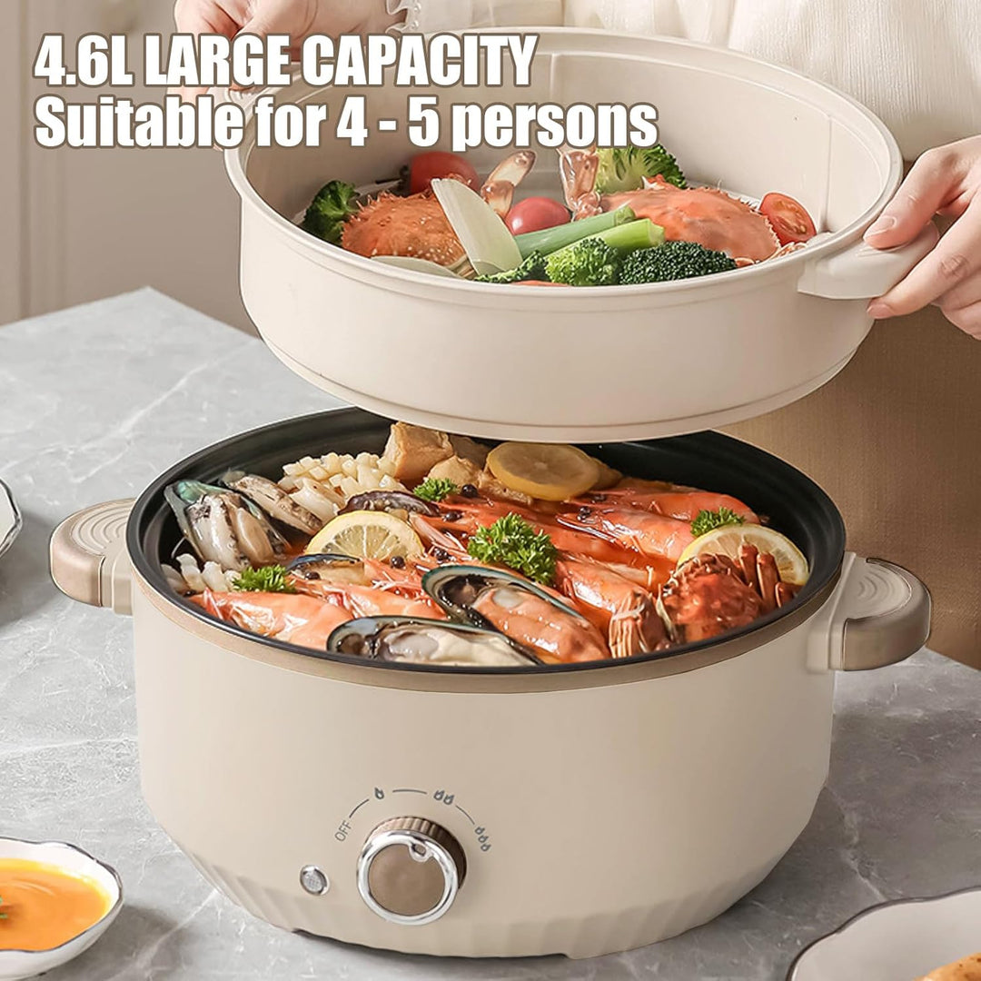 Hot Pot Elektrisch mit Dampfgarer, 4.6 L Tragbar Elektrischer Kochtopf 1000W, Multifunktionaler Hotp