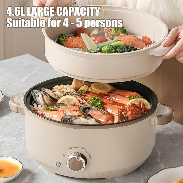 Hot Pot Elektrisch mit Dampfgarer, 4.6 L Tragbar Elektrischer Kochtopf 1000W, Multifunktionaler Hotp