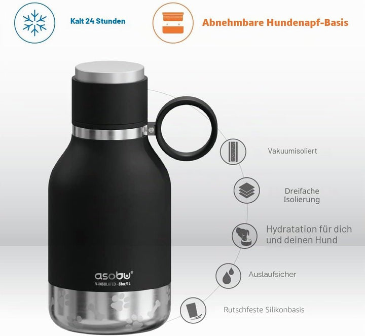 Asobu Hundenapf für Haustiere, mit isolierter Edelstahl-Reiseflasche, 945 ml, Schwarz, 1 Count (Pack