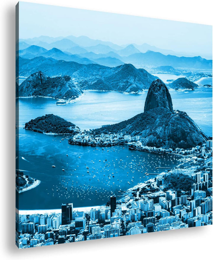 Küste von Rio de Janeiro Format: 70x70 Effekt: Monocrome Blau als Leinwand, Motiv fertig gerahmt auf