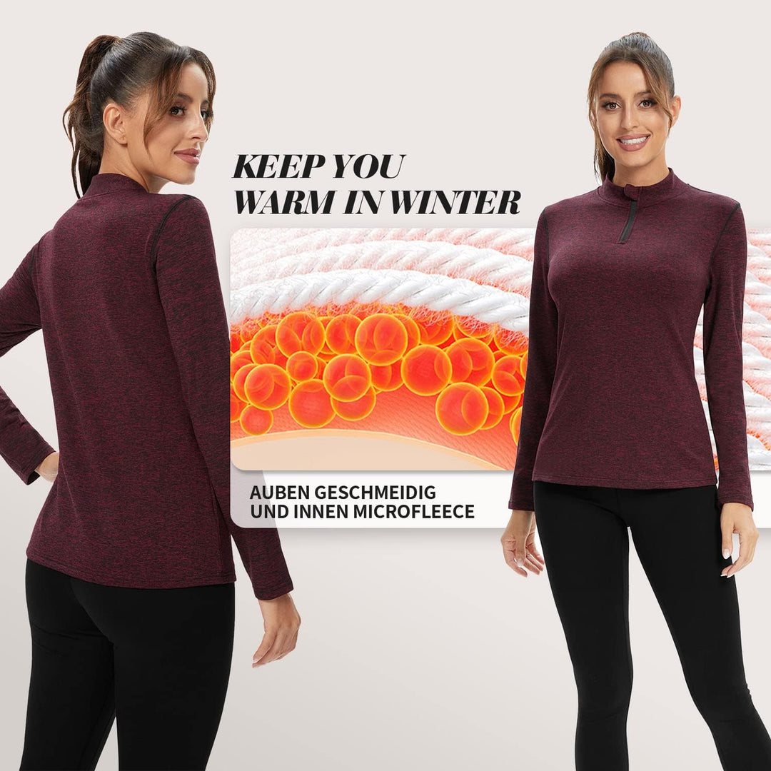 WOWENY Fleecepullover Damen 1/4 Zip Funktionsshirt Fleece warm Laufshirt Langarm mit Stehkragen, Atm