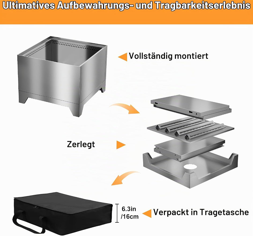 50 cm Rauchfreie Feuerschale Edelstahl, Feuerstelle Outdoor Camping Fire Pit, Quadratisch Feuerschal