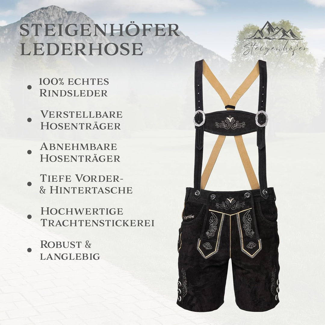 STEIGENHÖFER Lederhose Herren Tracht kurz - Anton - Trachtenhose mit Trägern - 100% Rindsleder - Tra