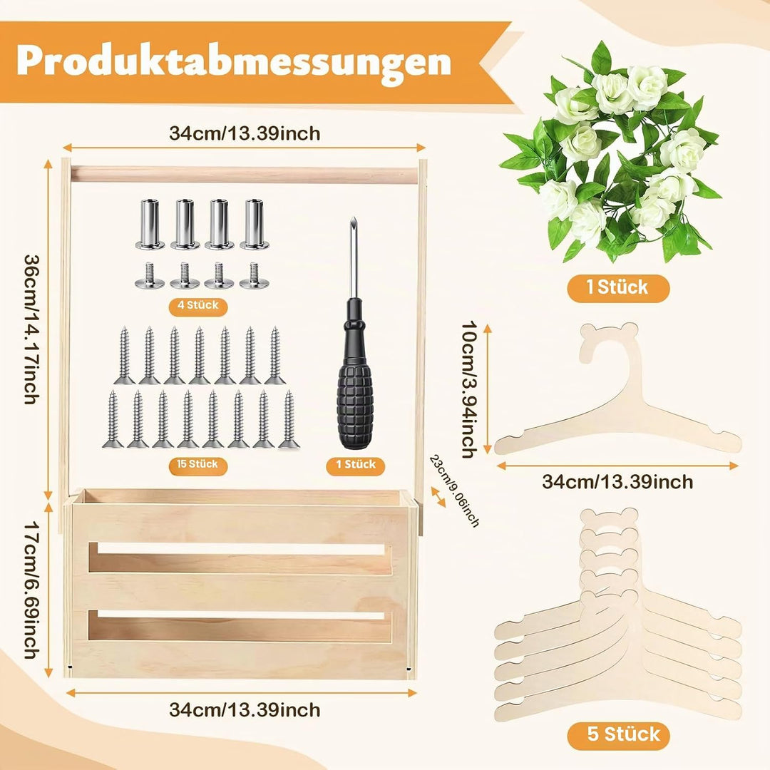 Babyparty Geschenk mit Holz | Praktischer Baby Aufbewahrungskorb mit 6 Holzhaken &amp; Kunstblumengirlan